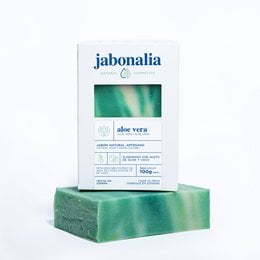 Aloe vera soap, green bar soap, natural ingredients, rectangular shape.