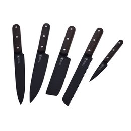 LAGUIOLE 40269023, sæt med 5, køkkenknive sæt, rustfrit stål sæt, titanium, med akacie træblok, kokkeknive, brød, skimmer, kød, fisk, sort klinge