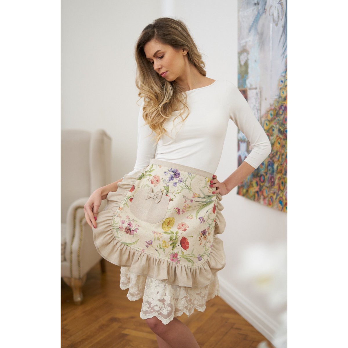 Ladies' Half Apron Cotton-Linen Mix, Printed | Blossom