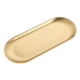 Gold metal tray, oval elongated shape, decorative serving dish, storage organizer, modern minimalist design.