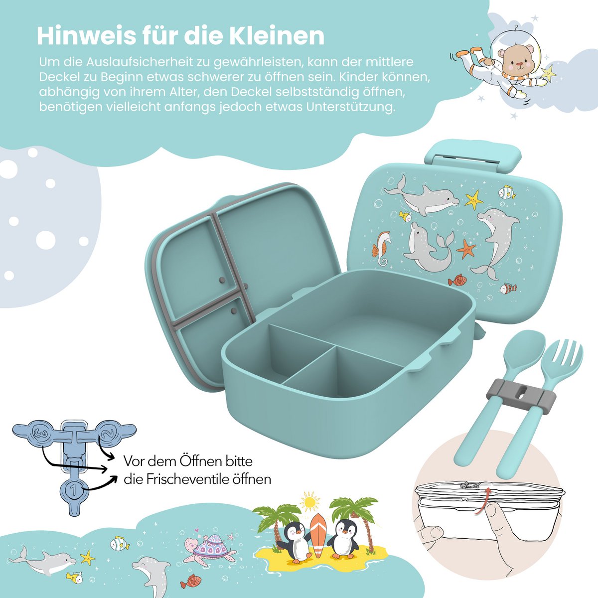 Brotdose Kinder mit Fächern, leicht & auslaufsicher - Delfin