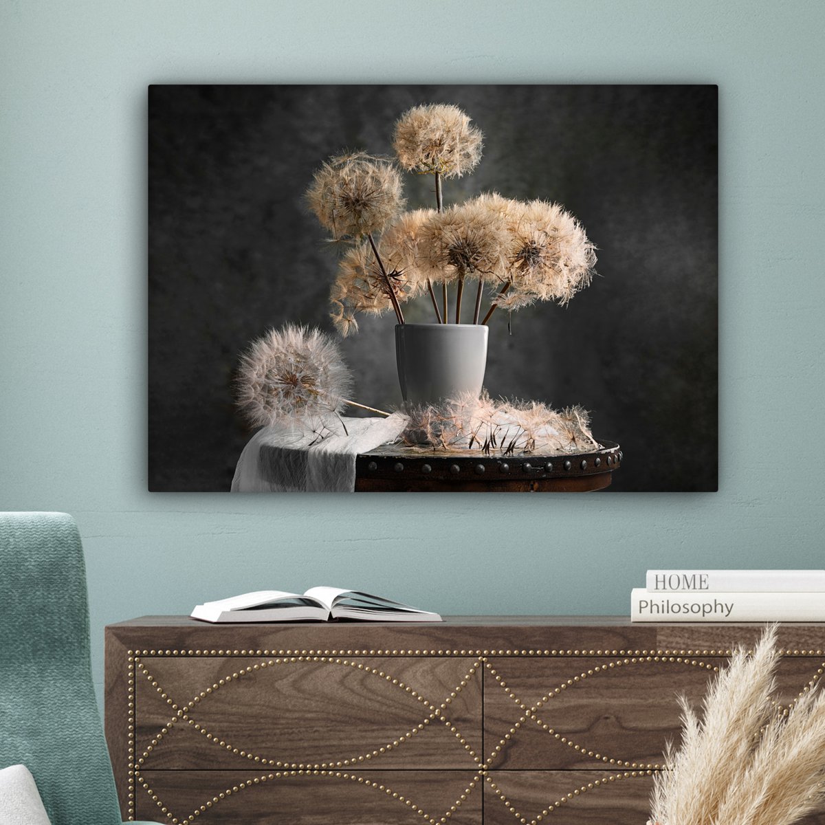 Leinwand Malerei - Wanddekoration - Blumensamen - Löwenzahn - Vase - Stillleben - Bouquet