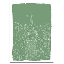 Kids room poster with green background featuring various animal illustrations. Suitable for decorating a child's bedroom or nursery.