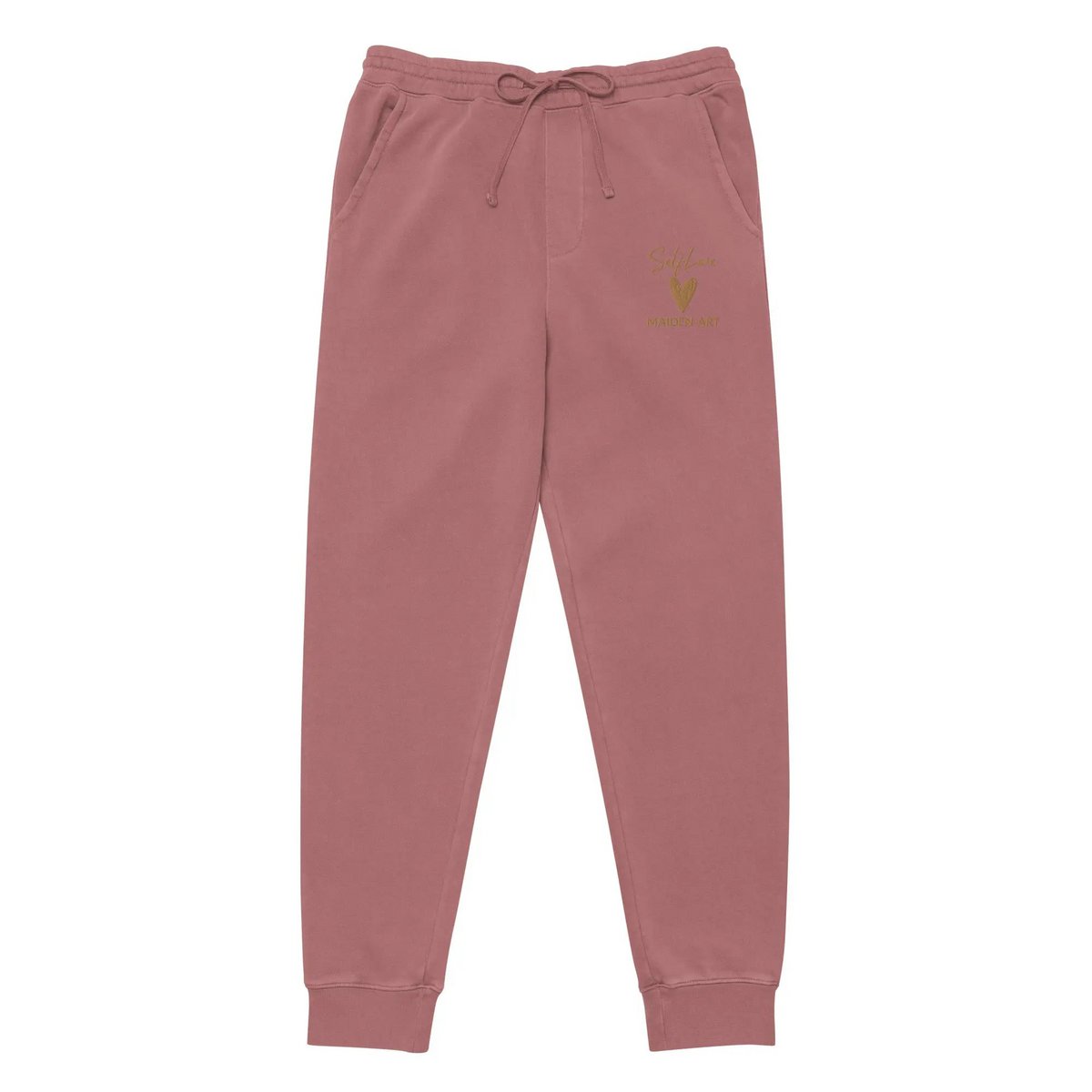 Self Love Unisex barwione pigmentowo spodnie dresowe z haftem w kolorze starego złota - spodnie dresowe unisex