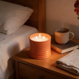  Terracotta orange ribbed stoneware three-wick scented candle, cylindrical jar, luxury soy wax home décor.