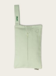 Mint green makeup pouch with zipper closure and Omay Wipey Pouch Pistachio branding.
