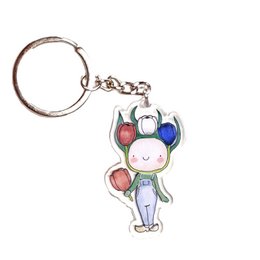 Colorful acrylic keyring featuring a cute cartoon character with a smiling face, heart-shaped antennae, and a multicolored design. Suitable for use as a keychain or decorative accessory.