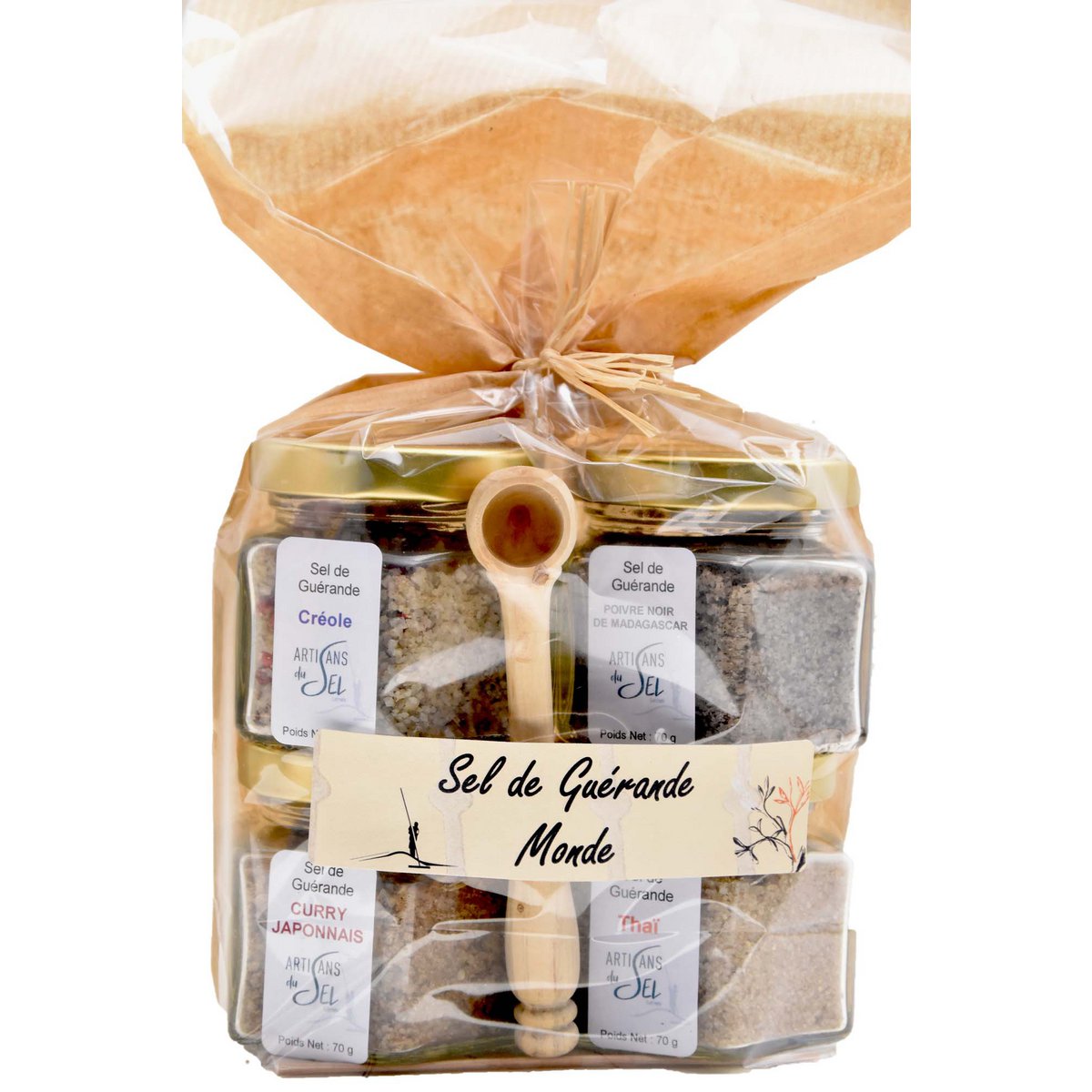 4 Verrines box with spices of the world - fine salts of Guérande IGP + boxwood shovel - 4*70g | Salt craftsmen