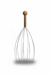 Wire scalp massage tool with wooden handle, relaxation head massager for stress relief.