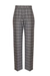 Grey straight-leg wool trousers with pressed crease and check pattern, made in Italy, available in sizes 40, 42, and 44.