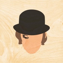 Poster featuring a minimalist illustration of a person wearing a bowler hat, with a wooden background.