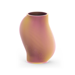 Tall, cylindrical vase with a swirling, striped pattern in shades of pink, orange, and brown. Made of ceramic material.