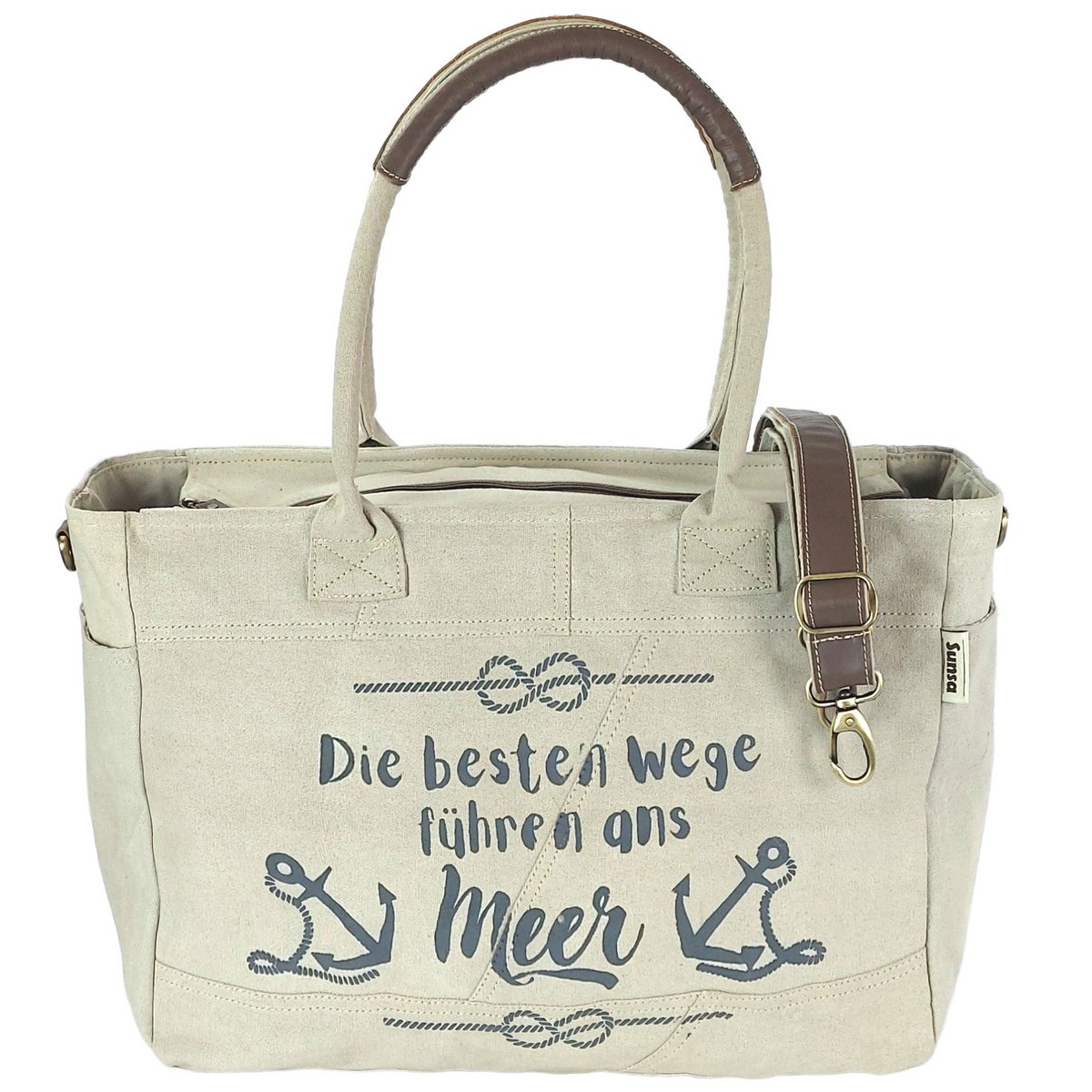 Sunsa grote dameshandtas. XXL tas gemaakt van canvas en leer. Strandtas/weekendtas in maritiem motief.