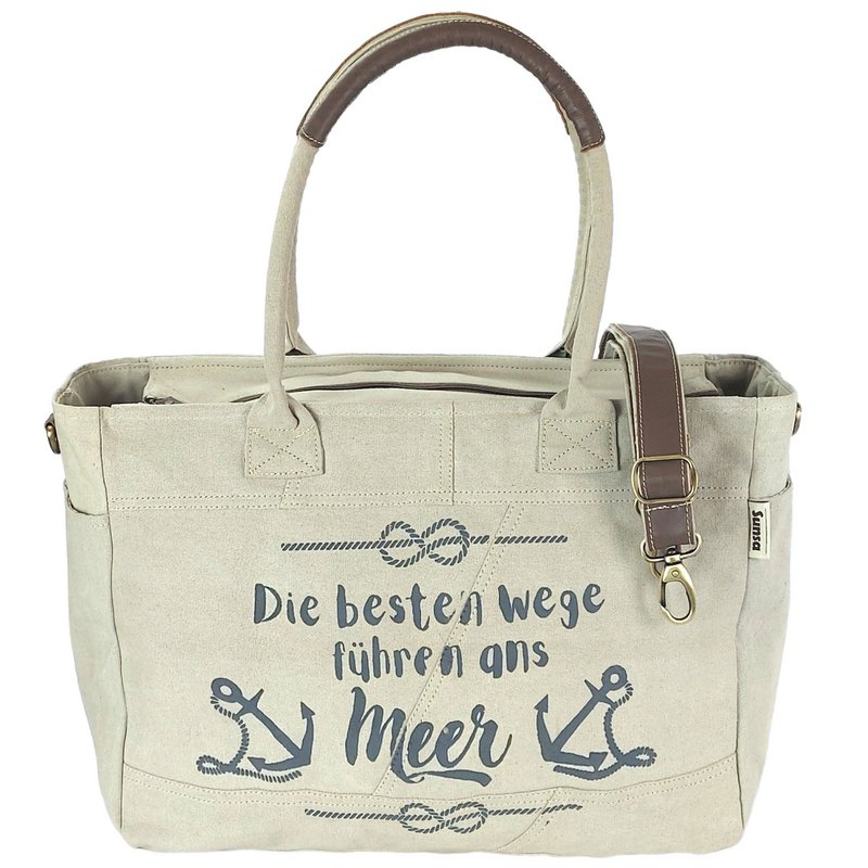Sunsa grote dameshandtas. XXL tas gemaakt van canvas en leer. Strandtas/weekendtas in maritiem motief.
