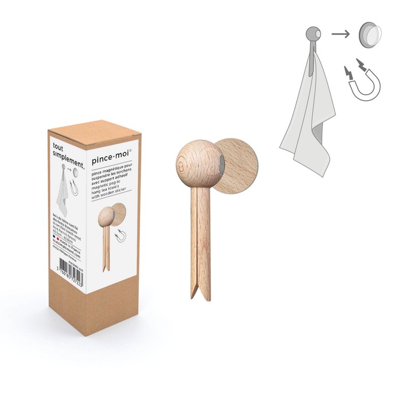 Expositor completo de 48 cajas de 1 clip magnético de madera para colgar paños de cocina - natural y negro + expositor gratis