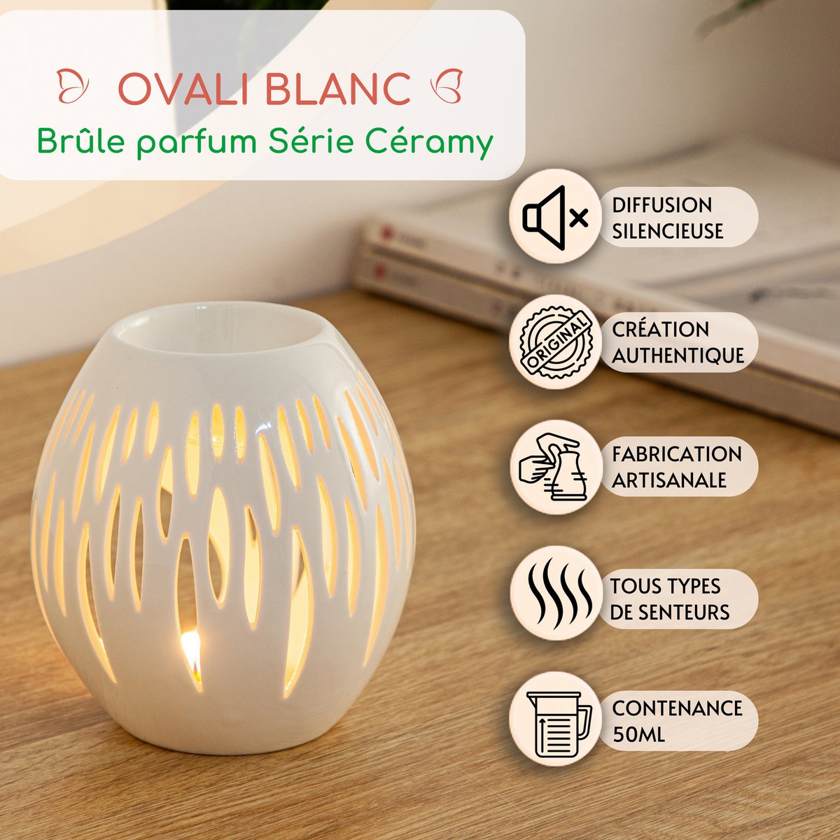 Quemador de perfumes serie Céramy – Ovali blanco – Portavelas de cerámica lacada – Difusión de ceras aromáticas, aceites esenciales – Idea decorativa de regalo