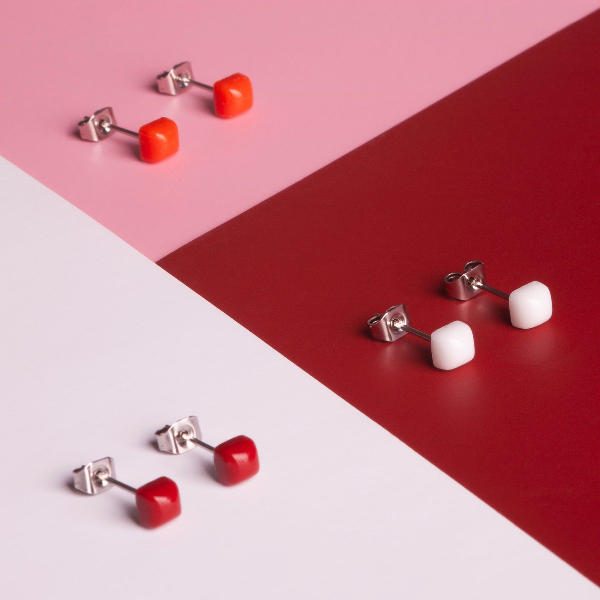 Set of 3 earrings with stone • Recycled glass & stainless steel • 20 colors