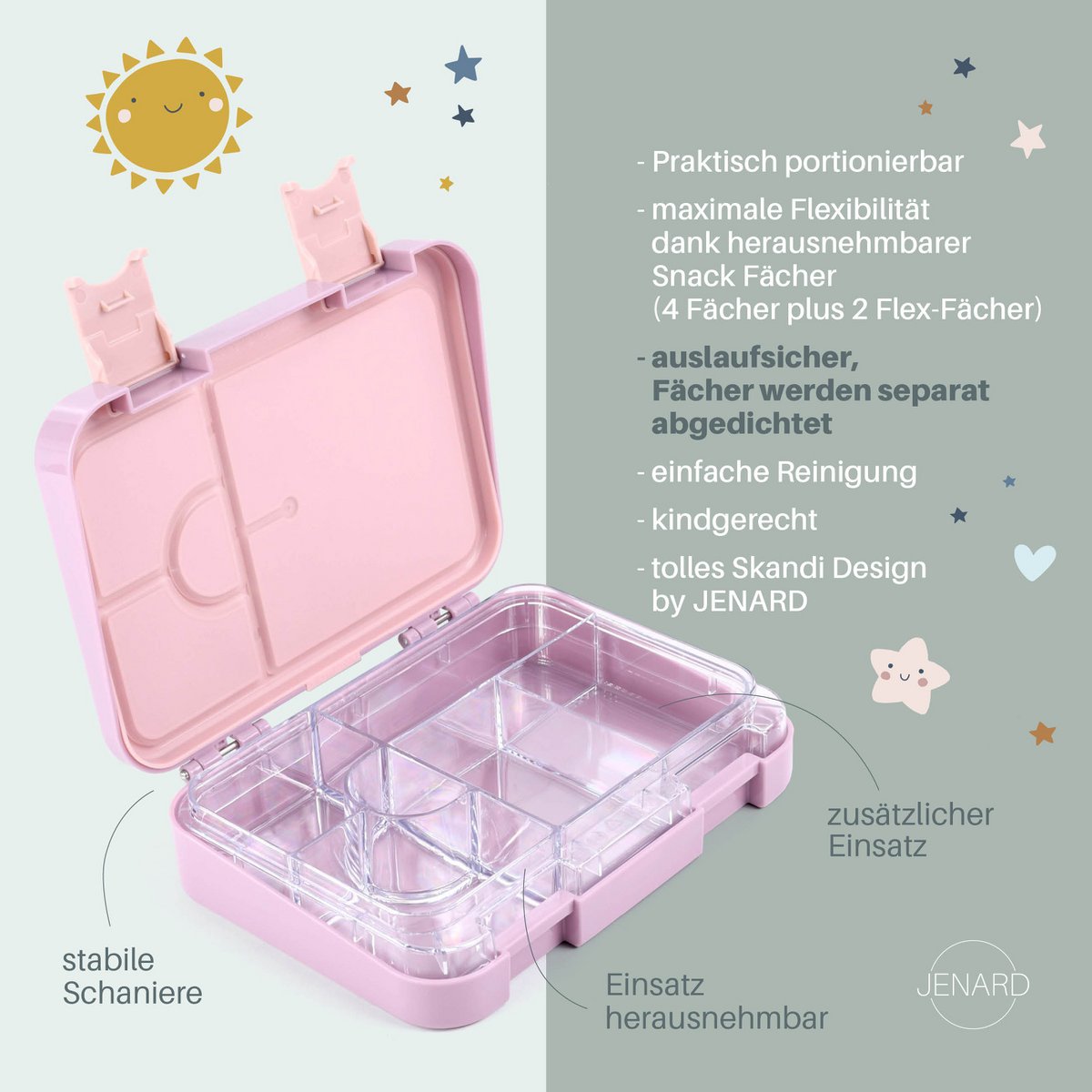 Brotdose Kinder auslaufsicher mit Fächern – Bento Lunchbox Kindergarten BPA frei – Regenbogen - JENARD