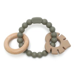 Soft & Hard | Leaf RATTLE Wood & Silicone Teether | Sage & Khaki