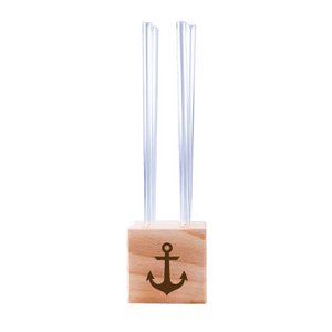 Wooden cube made of beech wood with 6 glass drinking straws engraved with an anchor