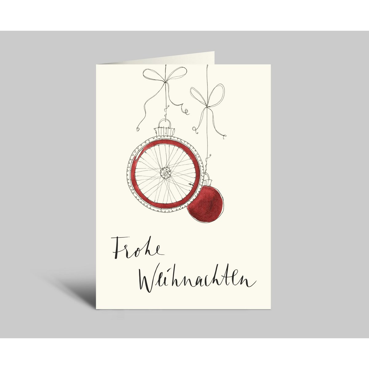 Weihnachtskarte für Rennradfahrer | Frohe Weihnachten | rote Kugeln und Hinterrad