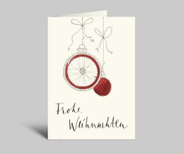 Tarjeta de Navidad para ciclistas de carreras | Feliz Navidad | bolas rojas y rueda trasera