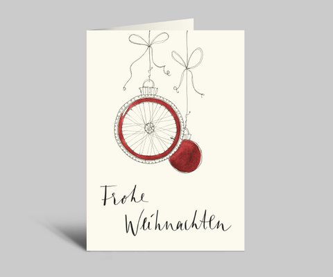 Christmas card for racing cyclists | Merry Christmas | red balls and rear wheel