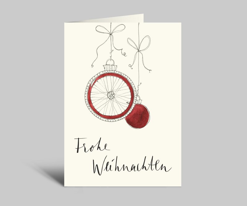 Weihnachtskarte für Rennradfahrer | Frohe Weihnachten | rote Kugeln und Hinterrad