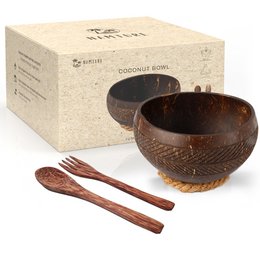 Set of 4 large coconut bowls with wooden utensils, made from natural, sustainable materials. Polished brown finish with arrow design.