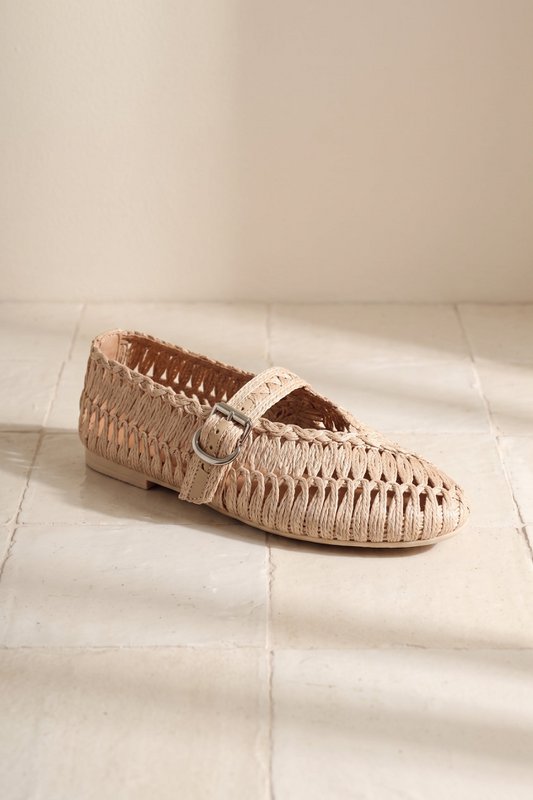 DORIS BEIGE – Mary-Jane-Flats aus geflochtenem Raffiabast