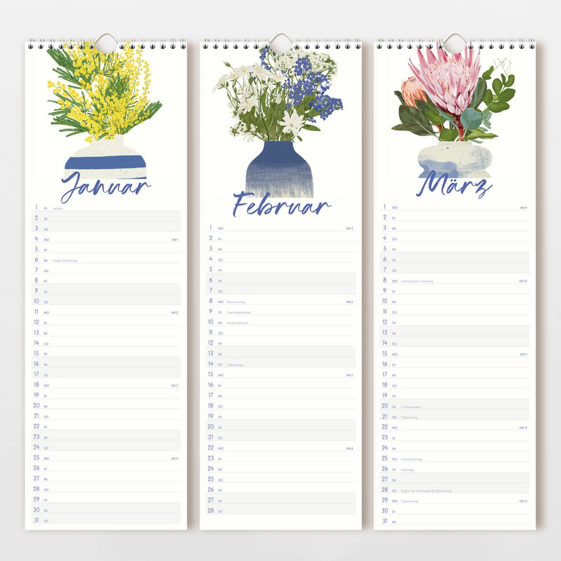 Wandkalender 2027 mit handgezeichneten Blumenvasen