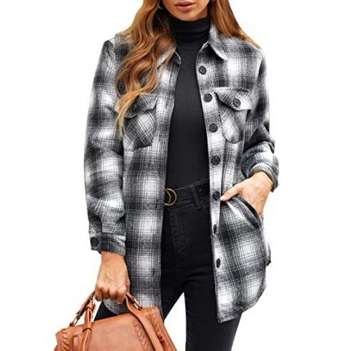 Women Oversized Check Button Shirt Jacket