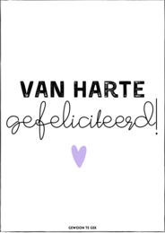 Congratulatory greeting card with a map design and the text "Van Harte Gefeliciteerd!" which means "Congratulations!" in Dutch. The card features a simple black and white design with a small heart icon.