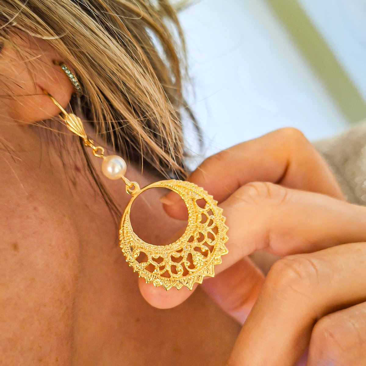 Swarovski pearl curls Tapillon Creoles Palm Flower Palm Flower Golden Brass 24K Mother's Day Gift Mother Gift