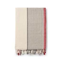 Soft, absorbent cotton peshtemal towel with striped pattern and tasseled edges, available in rose & salt and black color variants.
