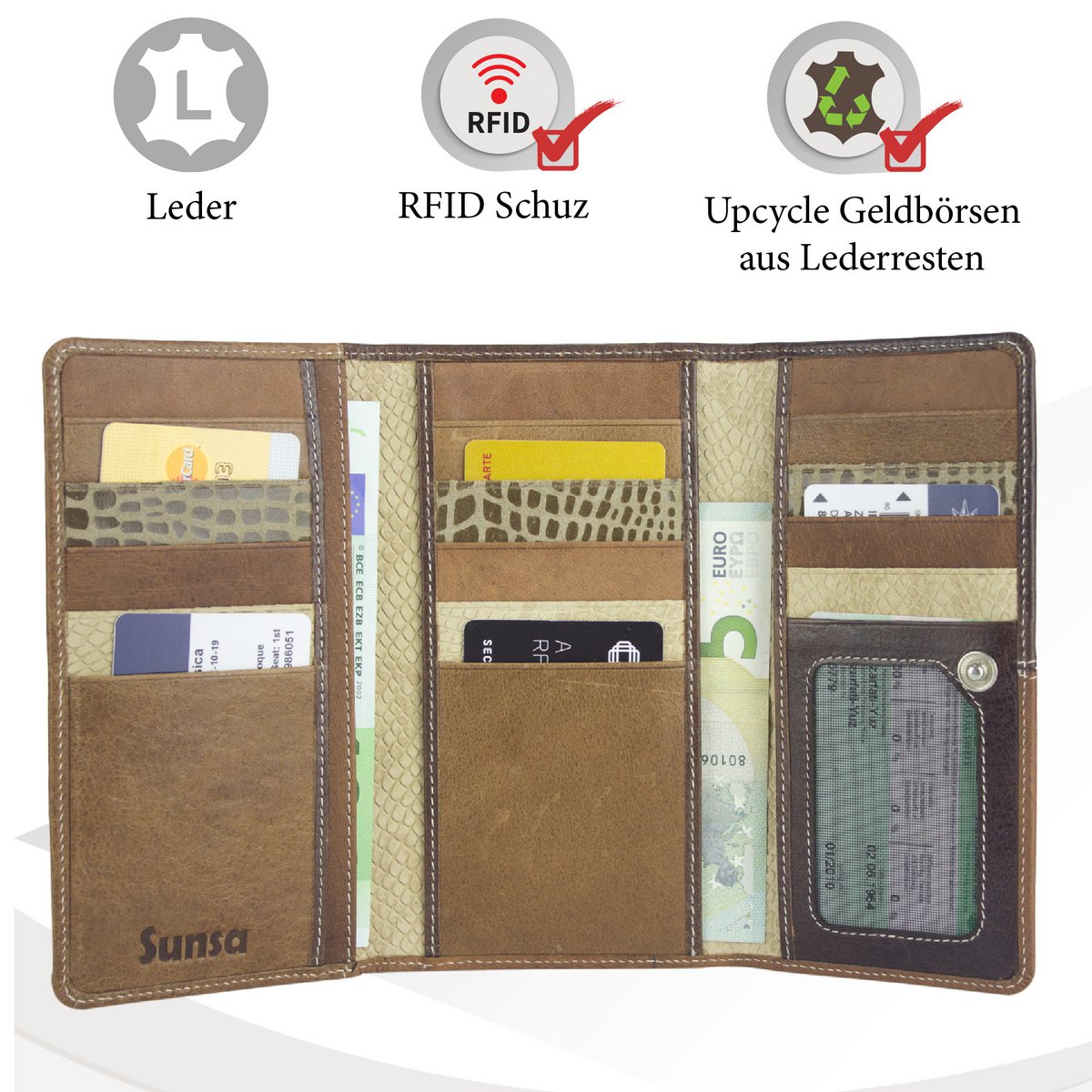 Portfel damski Sunsa. skórzana torebka. Portfel z ochroną RFID. Ekologiczny portfel wykonany ze skrawków skóry. Duży portfel damski z wieloma przegródkami na karty kredytowe - portfel/portmonetka dla kobiet to najlepszy pomysł na prezent.
