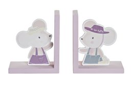 Decorative bookends featuring a pair of whimsical mouse figurines in pastel colors. The bookends are made of MDF material and measure 12.5 x 9.5 x 14.5 inches.