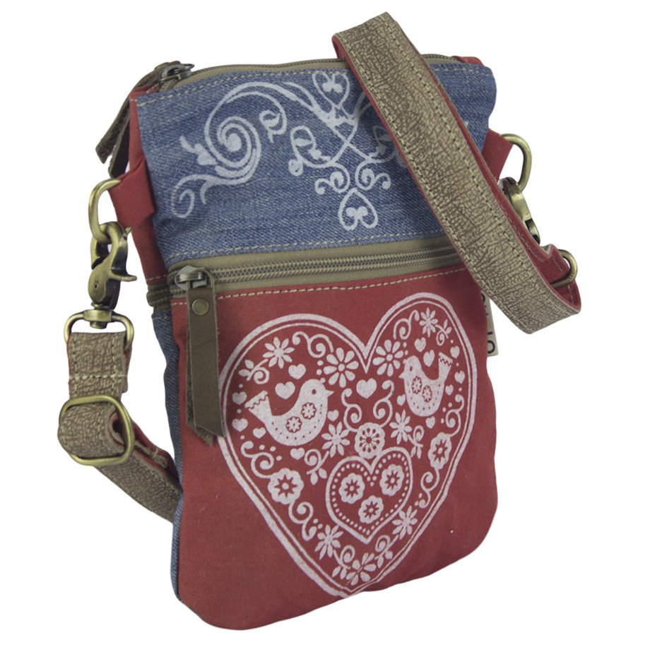 Domelo traditionele tas dames schoudertas. Dirndl schoudertas gemaakt van upcycled jeans en canvas en leer. Handtas in traditionele stijl met hartjesprint. Crossbodytas voor dames als Oktoberfest-accessoire.