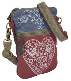 Domelo traditionele tas dames schoudertas. Dirndl schoudertas gemaakt van upcycled jeans en canvas en leer. Handtas in traditionele stijl met hartjesprint. Crossbodytas voor dames als Oktoberfest-accessoire.