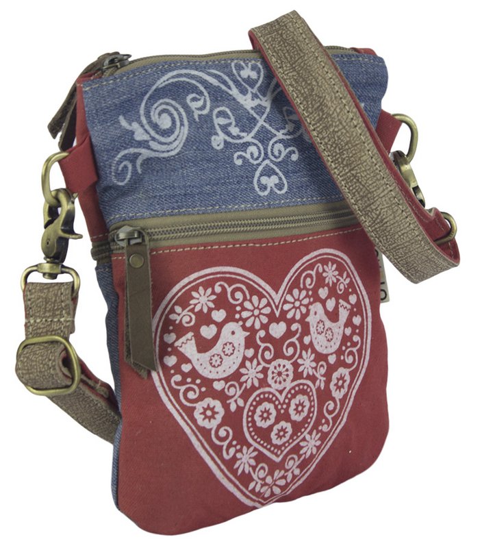 Domelo traditionele tas dames schoudertas. Dirndl schoudertas gemaakt van upcycled jeans en canvas en leer. Handtas in traditionele stijl met hartjesprint. Crossbodytas voor dames als Oktoberfest-accessoire.