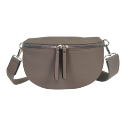 Dark taupe cross-body bag with zipper closure and adjustable strap.