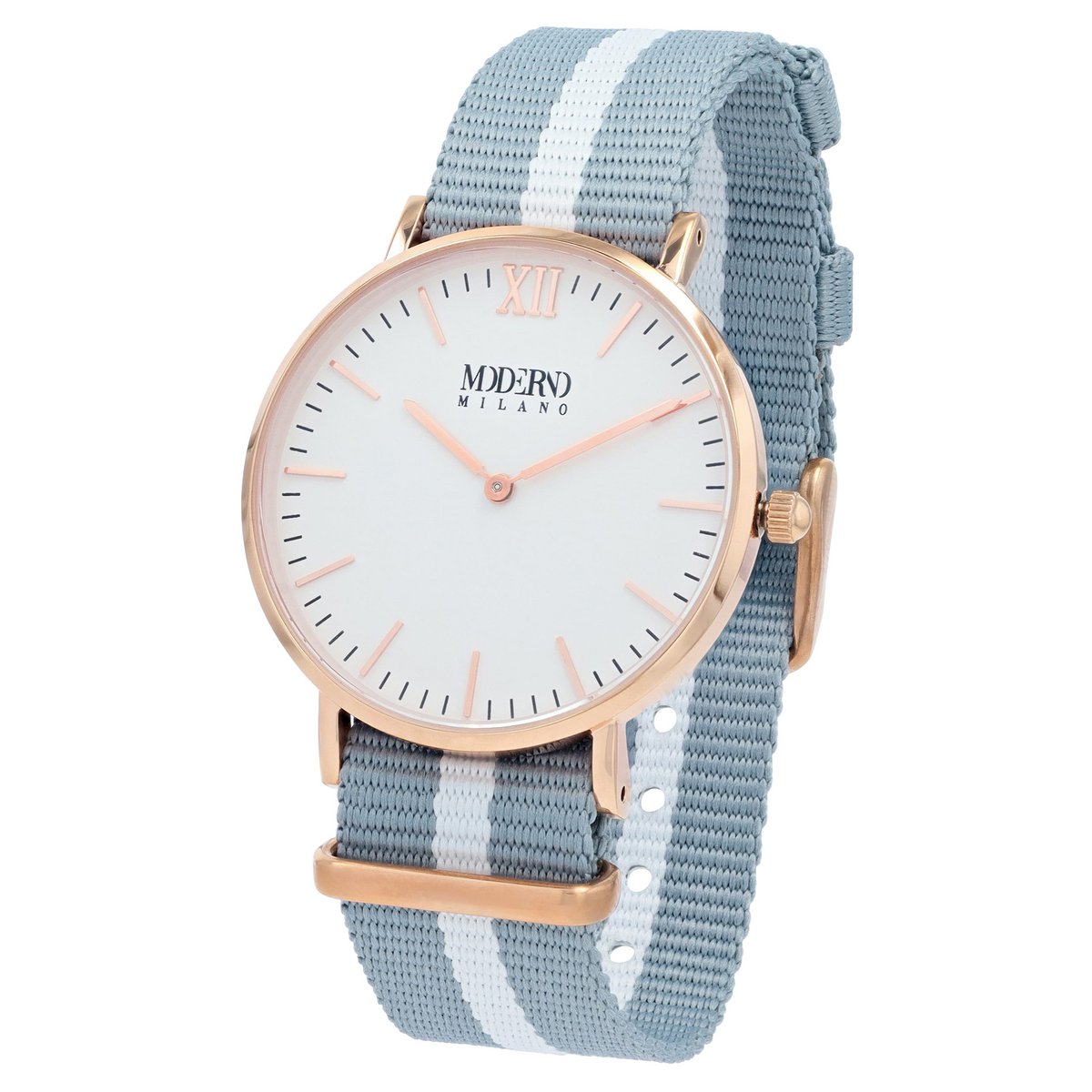 Moderno Milano roestvrijstalen dameshorloge 36,5 mm, saffierglas & nylon NATO-band (lichtblauw-wit), roségoudkleurig
