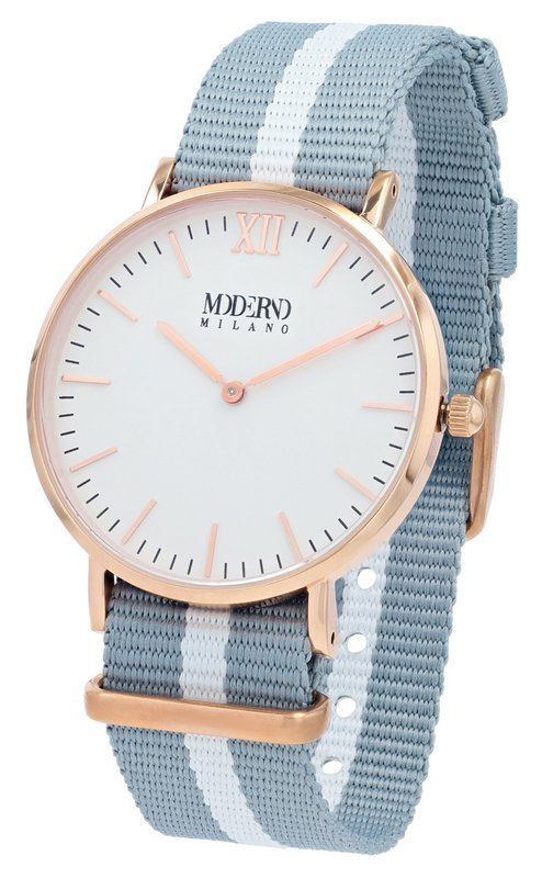 Moderno Milano stainless steel women's watch 36.5 mm, sapphire crystal & nylon NATO strap (light blue-white), rose gold-colored