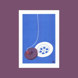 "A minimalist, abstract poster featuring a blue background with a white dotted line and a red circular shape. This poster would be suitable for a modern, minimalist home decor or art gallery setting."