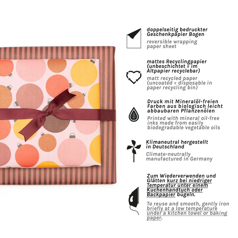 Weihnachtsgeschenkpapier mit Christbaumkugeln, edle Geschenkverpackung mit Weihnachtskugeln aus nachhaltigem Geschenkpapier Weihnachten