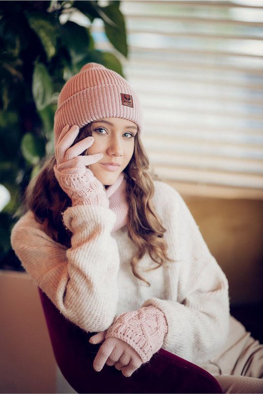 Completo cappello e sciarpa BRIGID - 100% lana merino - rosa cipria