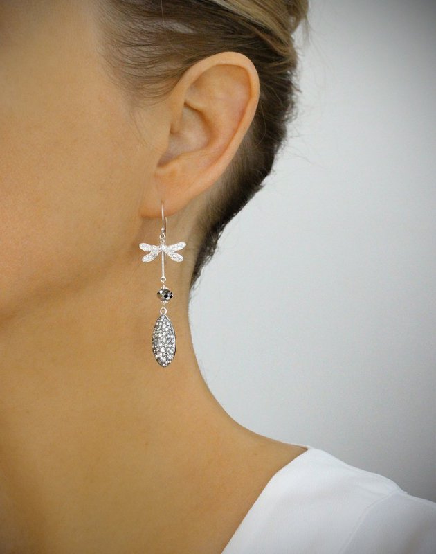 Rhodium plated dragonfly earrings with grey crystal drops