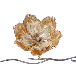 Gold sequin magnolia flower clip, champagne metallic petals, decorative floral accent piece.