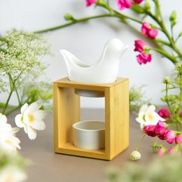 Naturea Series Perfume Burner – Birdy White – Bamboo and Ceramic Candle Holder – Diffusion of Scented Wax, Essential Oils – Gift Idea