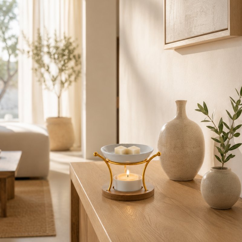 Simplicity Series perfume burner - Etna - Metal, Lacquered Ceramic and Bamboo - Gift Idea - Simple Modern Decoration